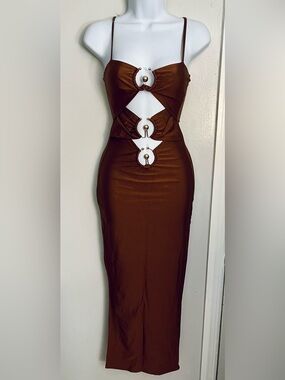 Sleek Brown Cutout Midi Dress with Ring Accents